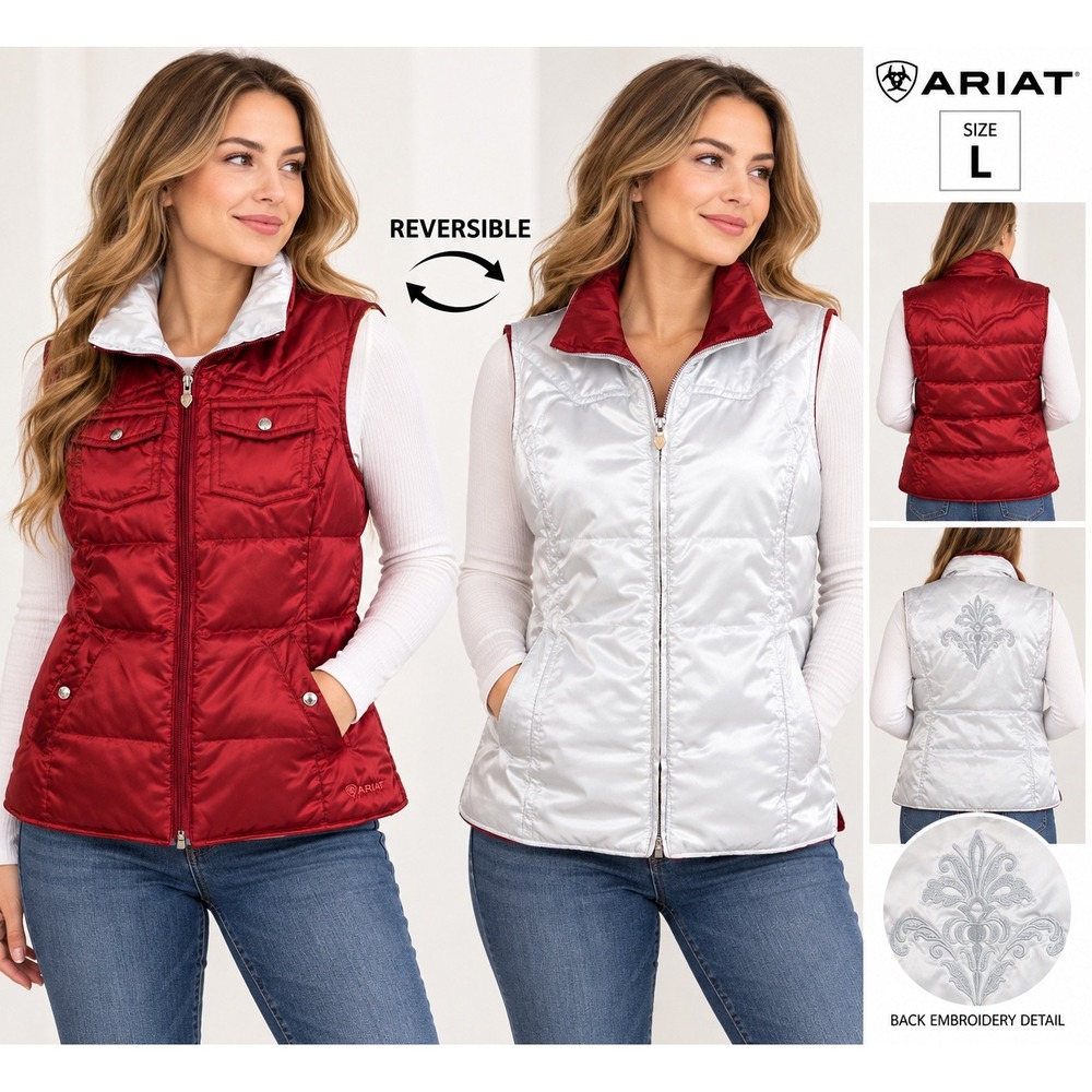 Ariat Reversible Down Puffer Vest Womens Large Red Silver Western Fleur De Lis
